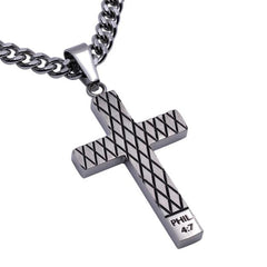 Philippians 4:7 GUARDED Stainless Steel Cross Diamond Pattern Necklace