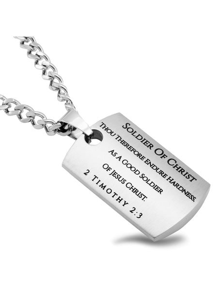 2 Timothy 2:3 Dog Tag Cross Sword Necklace with Steel Curb Chain