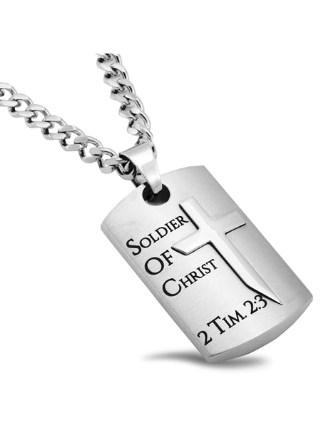 2 Timothy 2:3 Dog Tag Cross Sword Necklace with Steel Curb Chain