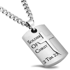 2 Timothy 2:3 Dog Tag Cross Sword Necklace with Steel Curb Chain