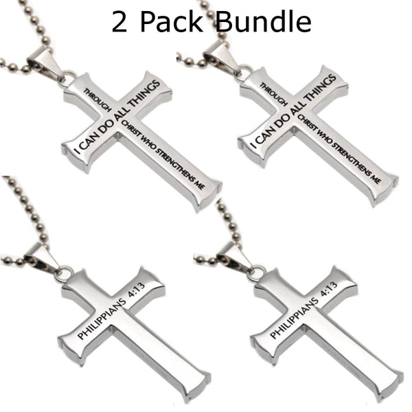 Philippians 4:13 Jewelry, Cross Necklace STRENGTH Bible Verse, Stainless Steel with Ball Chain - 2 Pack Bundle