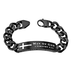 1 Timothy 6:11 Bracelet with Black Cross, MAN OF GOD Bible Verse, Stainless Steel Curb