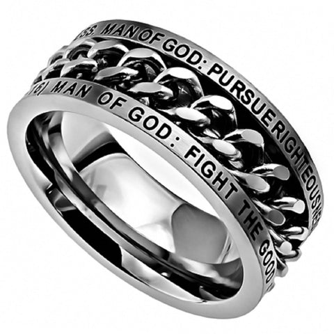Man of God Ring 1 Timothy 6 Bible Verse, Stainless Steel Spinner
