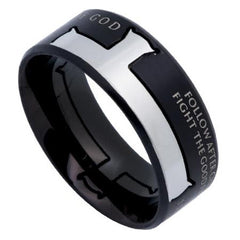 MAN OF GOD Cross Ring, 1 Timothy Bible Verse, Black Stainless Steel
