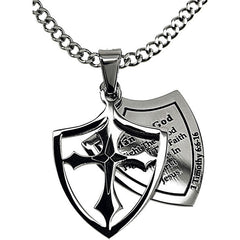 Man Of God Fight Necklace Two Piece Cross Shield with Bible Verse, Stainless Steel Curb Chain