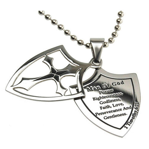 Man of God Necklace Two Piece Cross Shield with Bible Verse, Stainless Steel Ball Chain