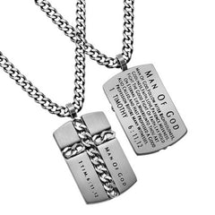 Christian Dog Tag, 1 Timothy 6 MAN OF GOD Cross Chain Necklace, Stainless Steel Curb
