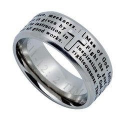 MAN OF GOD Cross Ring, Engraved Bible Verse 1 Timothy, Stainless Steel