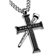 1 TIMOTHY 6:11,12 Black Cross and Nail Necklace with Bible Verse, Stainless Steel Curb Chain