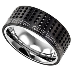 Black Christian Ring, Bible Verse 1 Timothy 6:11 MAN OF GOD , Dotted