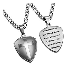 Shield of Faith Necklace, Soldier of Christ Man of God Bible Verse, Steel Curb Chain