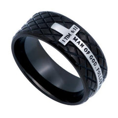 MAN OF GOD 1 Timothy 6:11 Stainles Steel Black Diamond Back Cross Ring