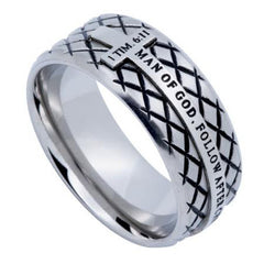 MAN OF GOD 1 Timothy 6:11 Steel Diamond Back Cross Ring