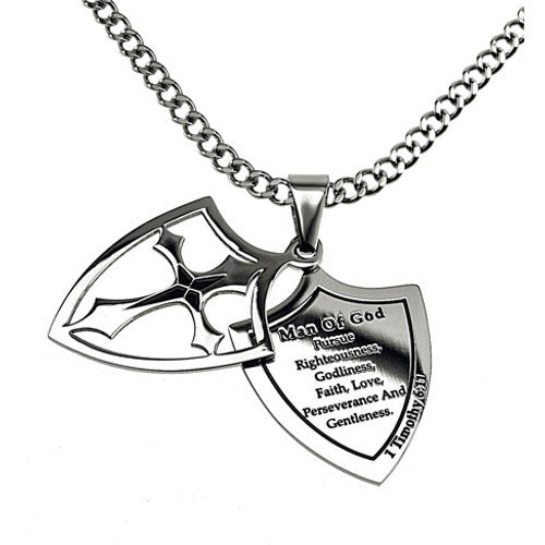 Man of God Necklace Two Piece Cross Shield with Bible Verse, Stainless Steel Curb Chain