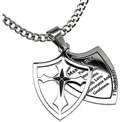 Man of God Necklace Two Piece Cross Shield with Bible Verse, Stainless Steel Curb Chain