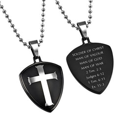 Cross and Shield, Man of God Necklace Bible Verse, Steel Ball Chain
