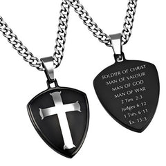 Cross and Shield, Man of God Necklace Bible Verse, Steel Curb Chain