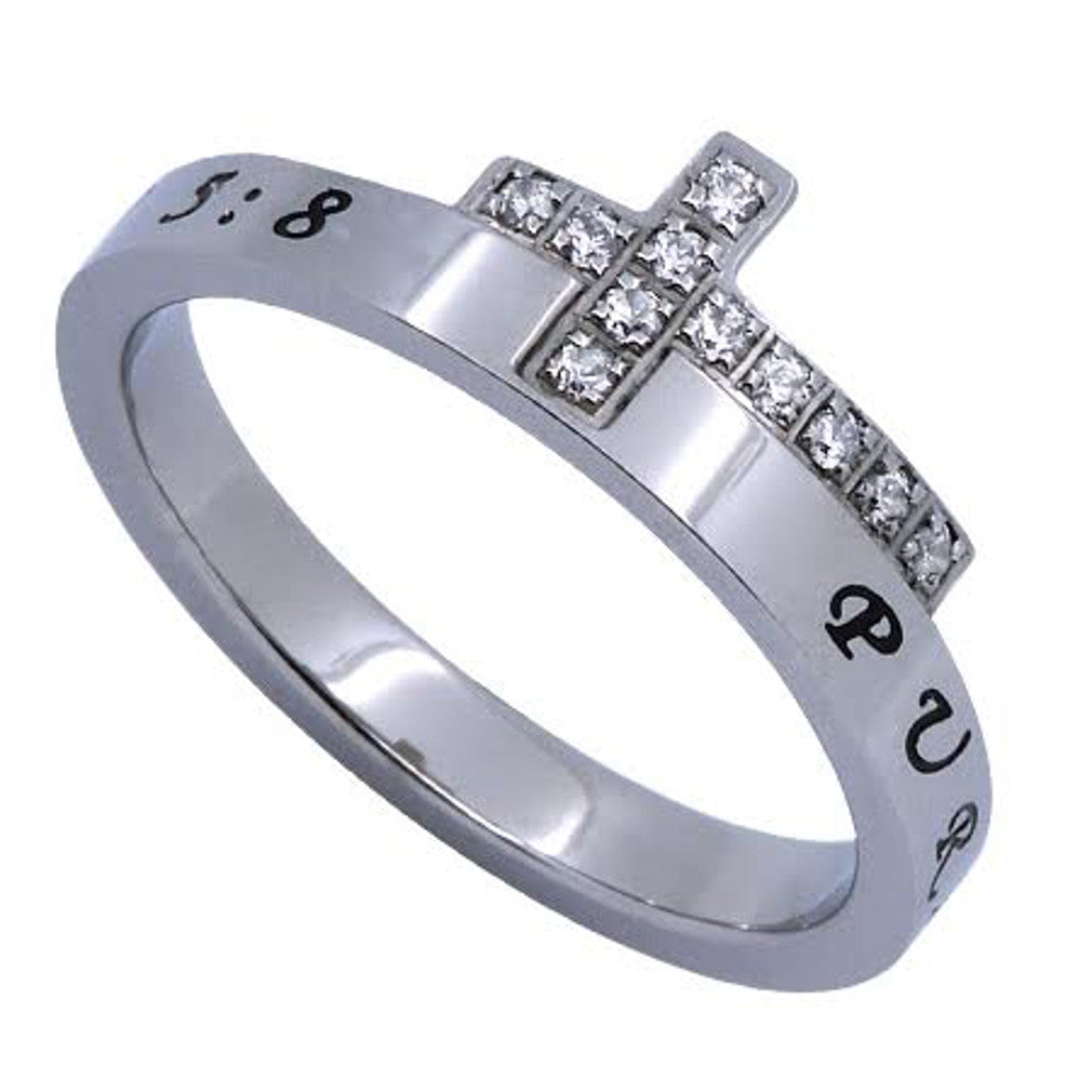 PURITY Engraved Bible Verse Sideways Cross Ring with CZ, Stainless Steel