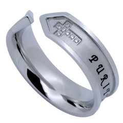 PURITY Ring Matthew 5:8, Open End, Double Cross Stainless Steel with CZ