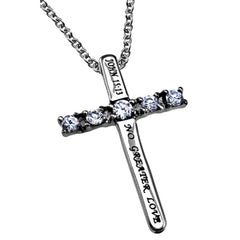 NO GREATER LOVE Cross Necklace with Bible Verse, Steel & CZ Stones