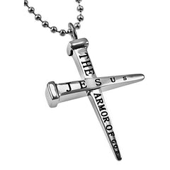 Nail Cross Necklace, ARMOR OF GOD Ephesians 6 Bible Verse, Stainless Steel Bead Chain for Men