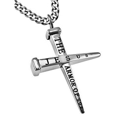 Nail Cross Necklace, ARMOR OF GOD Ephesians 6 Bible Verse, Stainless Steel Curb Chain for Men