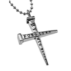 Nail Cross Necklace Bible Verse Romans 5:9 Forgiven Jewelry, Stainless Steel Bead Chain