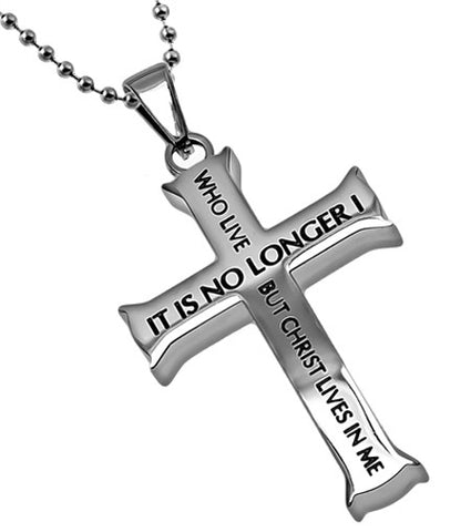 Galatians 2:20 Necklace, Cross Pendant NO LONGER Bible Verse, Stainless Steel with Bead Chain