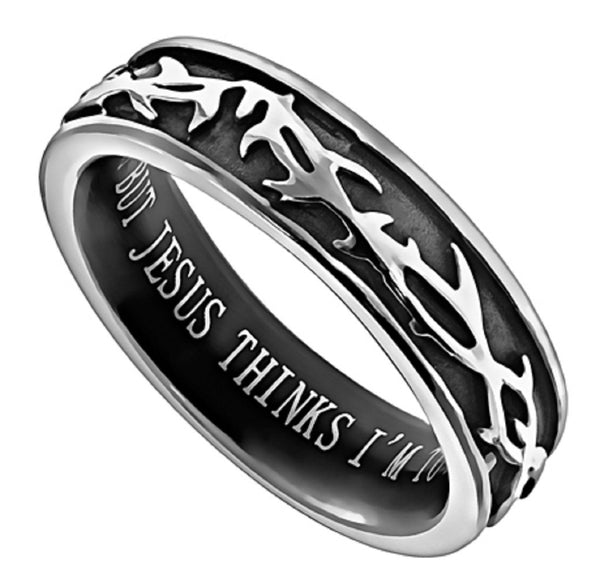 Crown Of Thorns Not Perfect Ring, Stainless Steel, Christian Bible Verse
