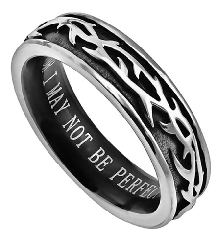 Crown Of Thorns Not Perfect Ring, Stainless Steel, Christian Bible Verse