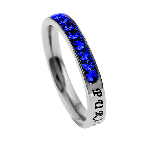 Christian Purity Ring September Birthstone Sapphire CZ with Bible Verse, Stainless Steel
