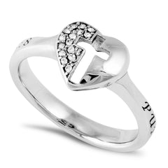 MATTHEW 5:8 Ring with Bible Verse, Heart and Lock in Stainless Steel