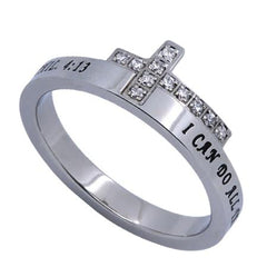 CHRIST MY STRENGTH Engraved Bible Verse Sideways Cross Ring with CZ, Stainless Steel