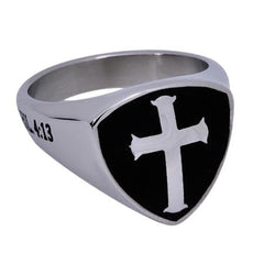 CHRIST MY STRENGTH Black Signet Shield Cross Ring, Stainless Steel