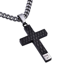 Philippians 4:7 GUARDED Stainless Steel Engraved Black Cross Necklace