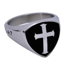 GUARDED Black Signet Shield Cross Ring, Stainless Steel