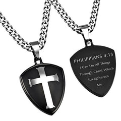 Philippians 4:13 Jewelry Black Cross Necklace Bible Verse, Stainless Steel with Curb Chain