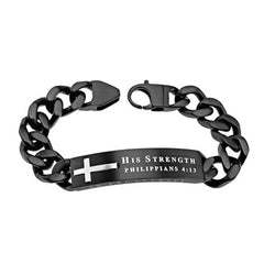 Philippians 4:13 Bracelet with Black Cross, HIS STRENGTH Bible Verse, Stainless Steel Curb