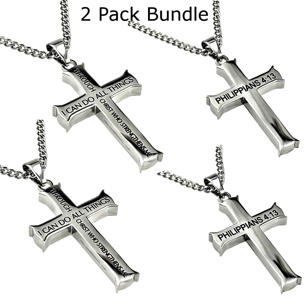 2 Pack Bundle - Philippians 4:13 Necklace, Cross Pendant STRENGTH Bible Verse, Stainless Steel with Curb Chain