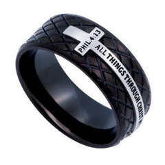 Philippians 4:13 CHRIST My Strength, Black Steel Diamond Back Cross Ring