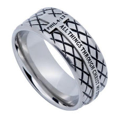 Phil 4:13 CHRIST My Strength Steel Diamond Back Cross Ring