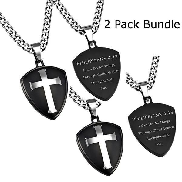 Philippians 4:13 Cross Shield Necklace, Christian Bible Verse, Thick Chain - 2 Pack Bundle