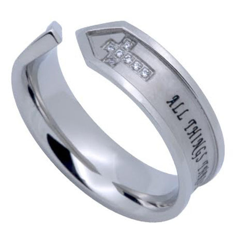 PHILIPPIANS 4:13 Jewelry Open End Ring, Double Cross Stainless Steel with CZ