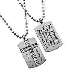 Christian Dog Tag, Philippians 4:13 HIS STRENGTH Cross Chain Necklace, Stainless Steel Ball