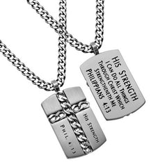 Christian Dog Tag, Philippians 4:13 HIS STRENGTH Cross Chain Necklace, Stainless Steel Curb
