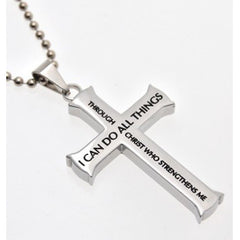 Philippians 4:13 Necklace, Cross Pendant STRENGTH Bible Verse, Stainless Steel with Bead Chain