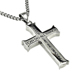 Philippians 4:13 Necklace, Cross Pendant STRENGTH Bible Verse, Stainless Steel with Curb Chain