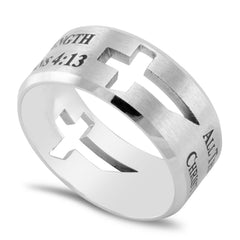 Philippians 4:13 Cross Cut Out Ring with Bible Verse, Stainless Steel