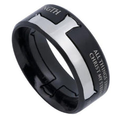Philippians 4:13 Cross Ring, STRENGTH Bible Verse, Black Stainless Steel
