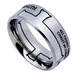 Philippians 4:13 Cross Ring, STRENGTH Bible Verse, Stainless Steel